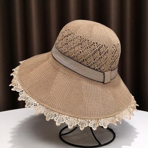 Summer Thin Breathable Knitted Bucket Hats Women Elegant All Match Bowknot Sun Caps Beach Cotton Linen Sun Protectors Hat 2021