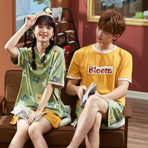 Summer Couples Pajamas Sleepwear Women Men Cotton Pyjamas Flower Printing Homewear Lovers Nightgowns Shorts Korean Pajama Sets