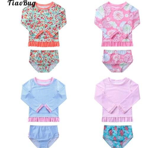 Cute Summer Kids Girls 2Pcs Swimsuit Long Sleeve Tops+Briefs Printed Floral O-neck Pullover Bikini