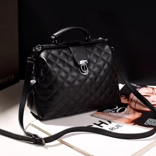 Fashion Plaid Rivets Design Pu Leather Crossbody Bags For Women Solid Color Shoulder Handbags Female Doctor Tote