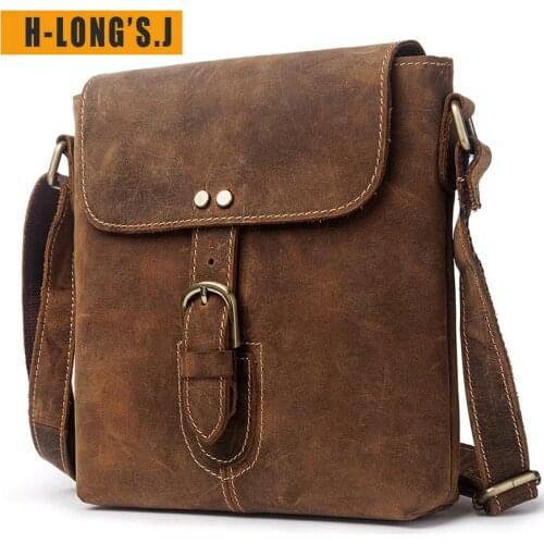H-LongS.J New Genuine Crazy Horsehide Leather Mens Leather Bag Retro Metal Casual Shoulder Bag Pure Leather Messenger Bag