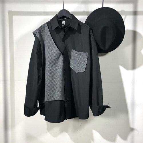 2021 Original stylish male dark black irregular splicing loose long sleeves shirt spring and autumn leisure personality jacket