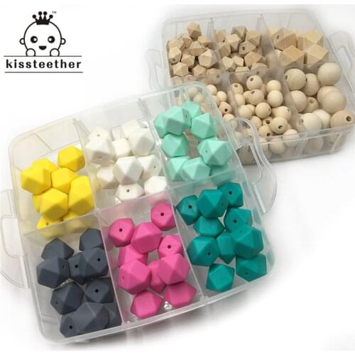 2 Boxed Blending Natural Round Geometry Hexagon Wooden Beads Mixed Color Geometry Hexagon Silicone Beads Baby Teether Toys Set
