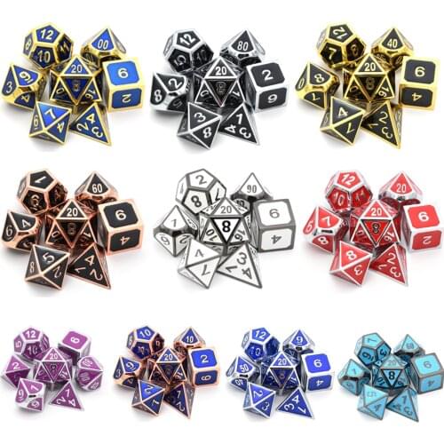 Set of 7 Shiny Metal Dice Enamel Paint Black Drawstring Pouch for RPG DND MTG Table Games