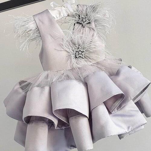 New Infant Girls Dress Gray Tulle Feather Kids Clothes For Girls Party Dress Sleeveless Ball Gown Photography Props