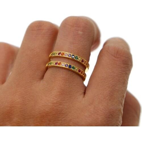 Top quality rainbow cubic zirconia engagement band fashion jewelry two tone gold filled delicate women size 6 7 fashion cz ring
