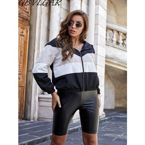 Autumn Women Zipper Patchwork Color Hooded Jacket Coat Sports Clothes Ladies Casual Loose Pocket Baseball Uniform Outwear Female