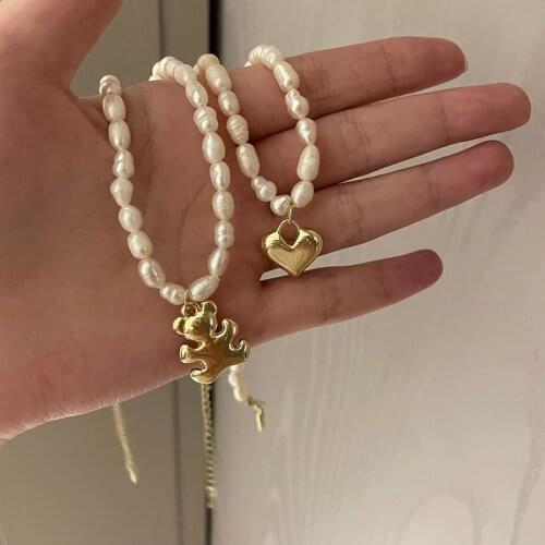 Fresh water Real pearl necklace with heart pendant bear jewelry clavicle necklace summer elegant dainty cute kawaii french style