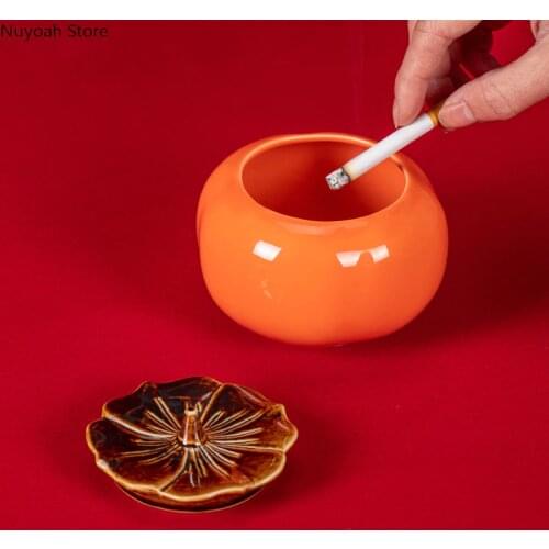 Persimmon Ashtray Ceramic Creative Anti-fly Ash Storage Box Large Bedroom Living Room Decoration with Cover Home Decoration