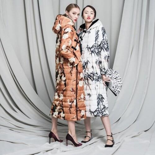 Chinese Retro Printed Womens X-longer Fluffy Hooded Down Coat Female Winter Thicker Warm Down Jacket Down Parkas WY273