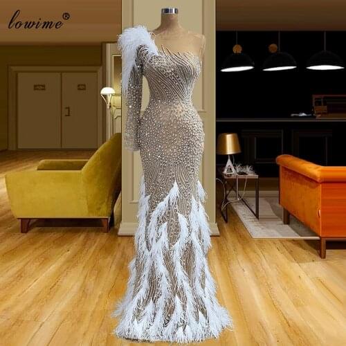 Luxury Crystals Evening Dresses Long One Shoulder Celebrity Dresses For Women 2021 Feathers Prom Dresses Vestidos De Fiesta