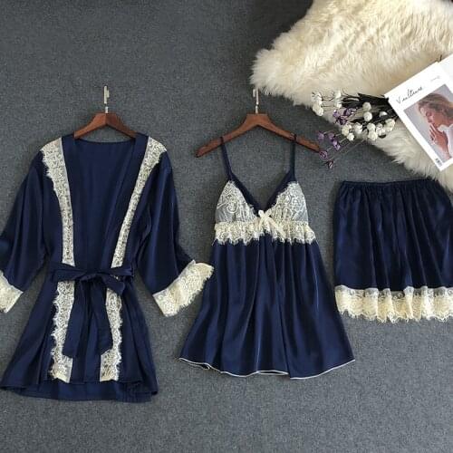 Sexy Lace Women Kimono Bathrobe Gown Rayon Bow Belt Robe&Shorts Set V-Neck Staghetti Strap 3PCS 2020 New Summer Home Wear