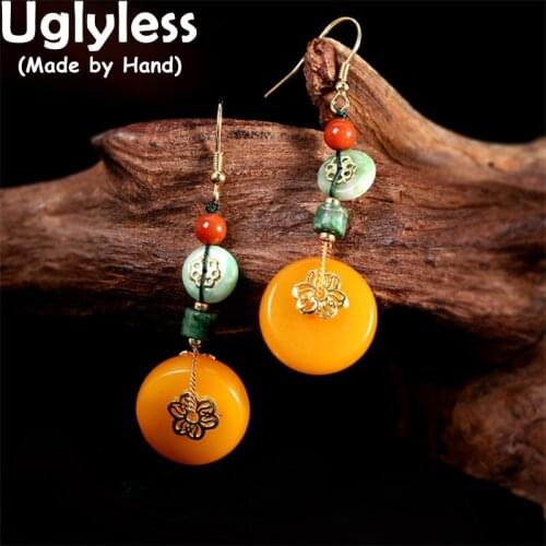 Uglyless China Chic Peace Buttons Natural Jadeite Agate Amber Multi Gemstones Earrings Women Ethnic 925 Silver Jewelry Beeswax