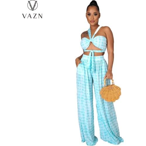 VAZN 2021 Top Quality Fresh Clear Solid Young Holiday Strapless Sleeveless Long Wide Leg Pant Free Fashion Women 2 Piece Set