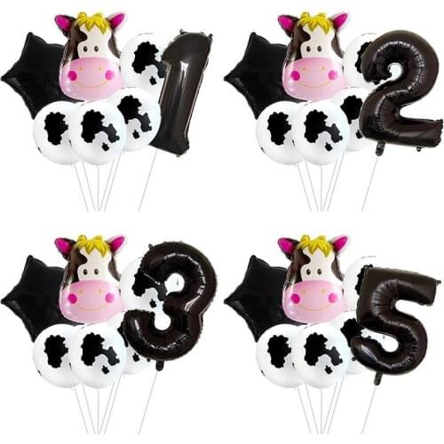 7pcs Animal cow aluminum foil balloon bouquet 32 inch black number baby birthday party decoration