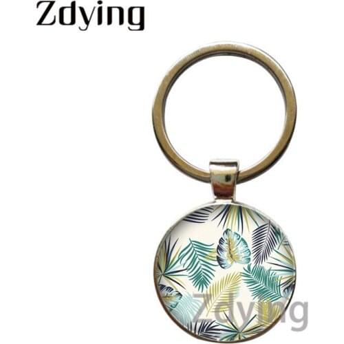 Zdying Bohemia Summer Green Plant Leaf Keychain Glass Art Picture Cabochon Keyrings Key Ring Pendant Bag Charm Accessories TL053