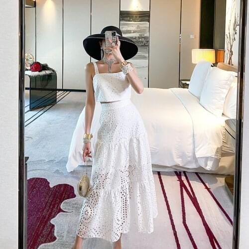 Women Summer 2020 New French Vacation Two Pieces Set Hollow Off Shoulder Strap Short Tops+Hollow High Waist Midi Skirt