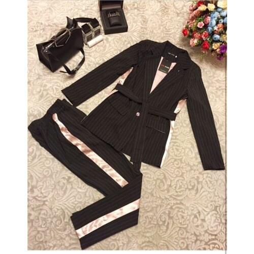 2018 Real New Arrival Polyester Full Single Breasted Sashes Womens Suit Striped Stripes Color Belt Slim Women Fashion Suits