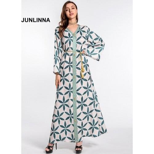Fashion New Long Robe Dress Women Abaya Prnting Dresses V Neck Flare Sleeve Have Sashes Elegant Vestidos