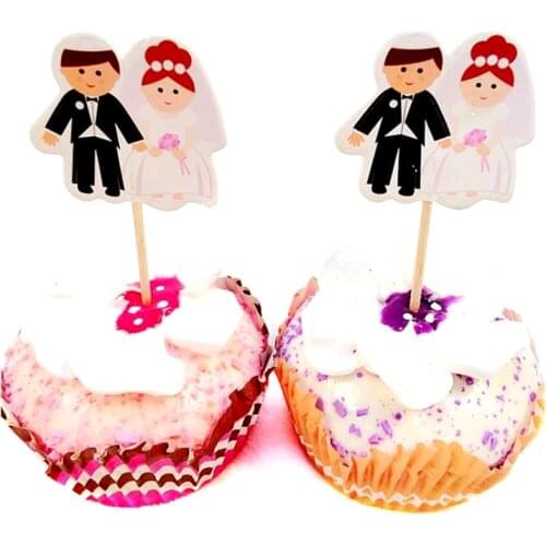 24pcs/lot Wedding Party Favors Cake Picks Decoration Cupcake Toppers Bride Bridegroom Marry Events Supplies