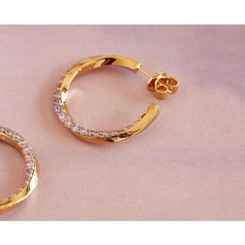 925 Sterling Silver Pink Cubic Zirconia CZ Twinsted 18mm Medium Circle Hoop Earring Classic Fashion Gold Color Vermeil Jewelry