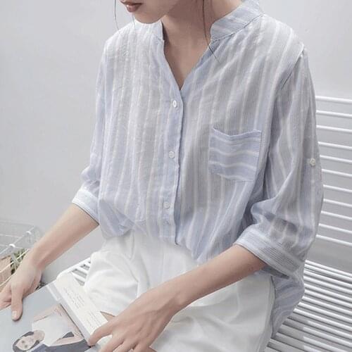 New Shirt Womens Striped Stand Neck Blouses Loose Baggy Tops Cotton Linen Button Pockes Spring Autumn For Female