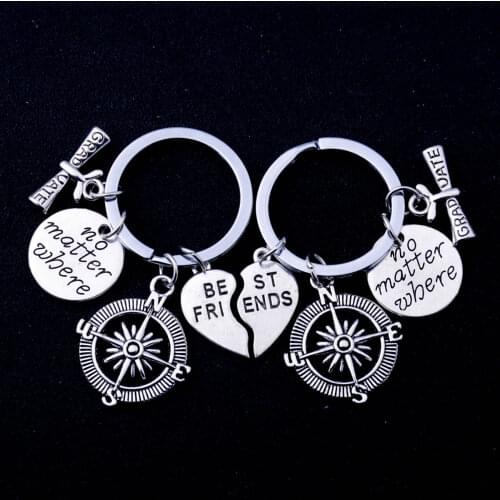 2PCS No Matter Where Broken Heart Keychain Best Friend Keyring Compass Charm BFF Friendship Key Chains Women Men Graduation Gift