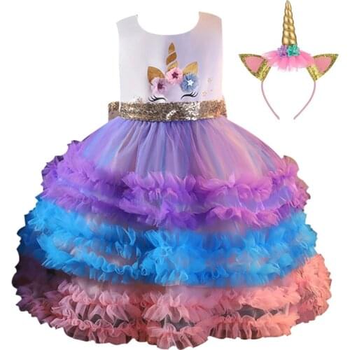 2021 Spring Autumn New Childrens Dresses Send Unicorn Headwear Girls Princess Dresses Kid Sleeveless Catwalk Dresses 3-12 Years
