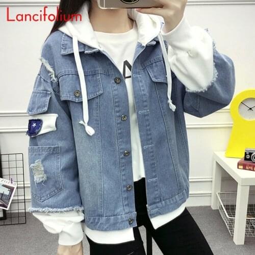 Oversized Jeans Coat Women Spring Autumn Harajuku Hoodied Ripped Denim Jacket Ladies Korean Fashion Vintage Casual Outwear 2020