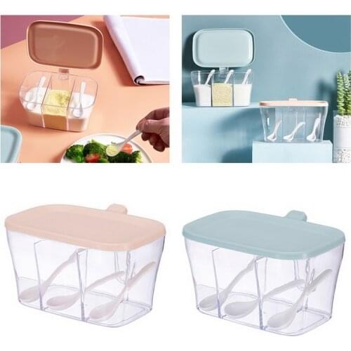 Spice Seasoning Storage Box with Spoon 3-compartment Spice Box Storage Container Condiment Jars for Spice Sugar Sal