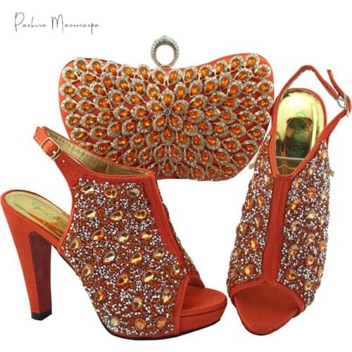 Italian Design Hot Selling Nigerian Fashion Special Crystal Style Coral Color Party Wedding Ladies Shoes and Bag Set