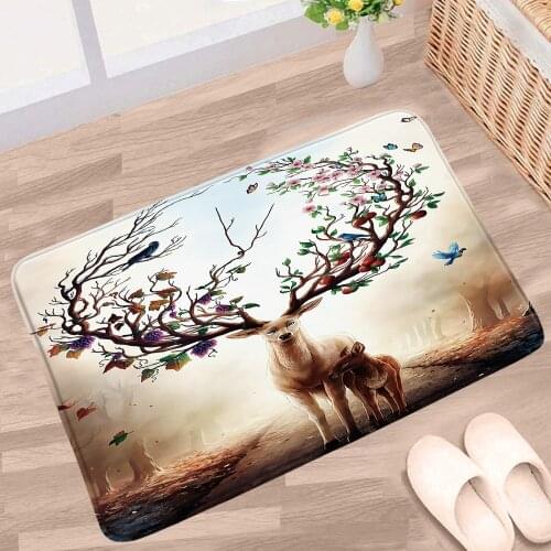 Elk Bath Mats Deer Fruit Bird Flower Cartoons Animal Pattern Non-slip Rugs Flannel Fabric Home Decor Kitchen Entrance Carpet Pad