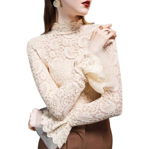 Lace Turtleneck Women Blouse and Shirts Flare Sleeved See Through Office Lady Buttoming Shirts Pulls Fashion Outwear Coat Tops