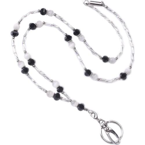 Womens Fashion Black Glass Beads Lanyard with ID Card Badge Holder Key Holder Neck Nurse Lanyards Accessories