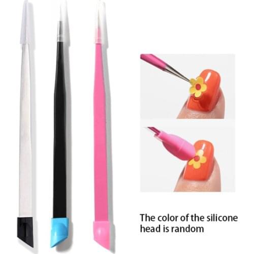 Straight Nail Tweezers with Silicone Pressing Head for 3D Sticker Rhinestones Water Sticker Picker Nails Tools Stainless Steel