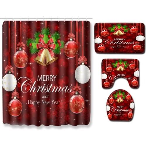 Christmas 4Pcs Set Washroom Bathroom Shower Curtain Toilet Seat Cover Water Non-Slip Door Home Mat Absorption Rugs Mats