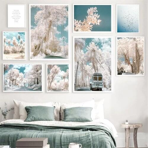 Pink Coconut Trees Reed Plant Car Palm Road Poster Landscape Art Print Quotes Wall Art Canvas Painting Picture Living Room Decor