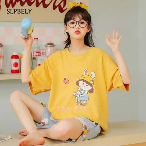 SLPBELY Womens Pajamas Pyjamas Set Summer Cartoon O Neck Short Sleeve Sleep Lounge Pajama Cute Cotton Sleepwear Homewear 2021