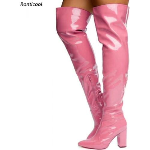 Ronticool Women Winter Over The Knee Boots Glossy Chunky High Heels Round Toe Beautiful 6 Colors Party Shoes Women Us Size 5-15