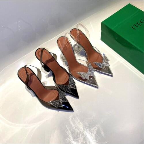 Womens sandals fairy style 2021 new stiletto net red rhinestone butterfly pointed transparent high heels 7CM and 10CM