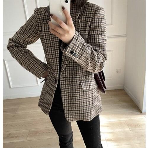 Women One Button Blazer Houndstooth Woolen Long Sleeve Vintage Office Lady Suit Coat
