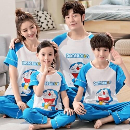 2021 Doraemon Cartoon Parent-Child Pajamas For Boys Girls Children Pure Cotton Spring Summer Home Wear Long Pants Kids Clothes