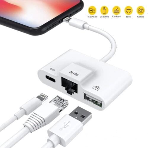 For iPhone/iPad Lightning to Ethernet RJ45 LAN 100Mbps USB Lightning converter Adapter OTG Camera Reader 3 in1 connector Charger