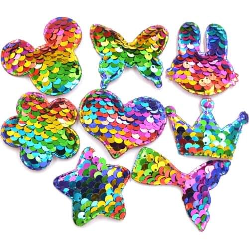 Glitter Rainbow Sequin Pads Mouse/Butterfly/Crown/Star/Heart/Flower/Mermaid Tail/Rabbit Appliques for DIY Craft Hair Clip Decor