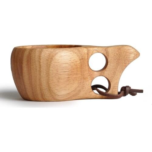 Wooden Cup Tea Portable Coffee Mug with Rubber Wood Handle Two Hole Cowhide Rope Hook Juice Milk Water Bottle