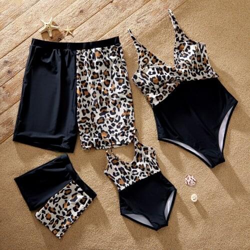 Family Look Childrens Clothing New Summer Leopard Panel Matching Spliced Sling Sleeveless Wonmen Swimsuits