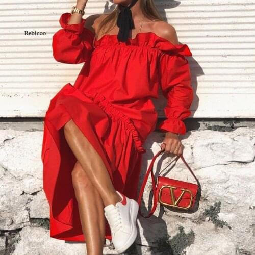 Womens Elegant Sexy Slash Neck Off The Shoulder Irregular Loose Red Dress Casual Party Holiday