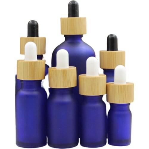 5ml~100ml Essential Oil Dropper Bottle Frosted Blue Glass Aromatherapy Liquid Perfume Drop Pipette Bottles False Wood Lid 10pcs
