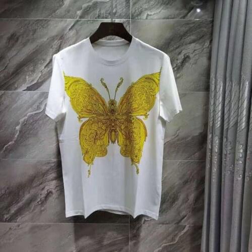 Hip-Hop Black And White Flowers 100% Pure Cotton T-Shirt Brand Luxury Golden Butterfly Personality Men O Collar Short Sleeve