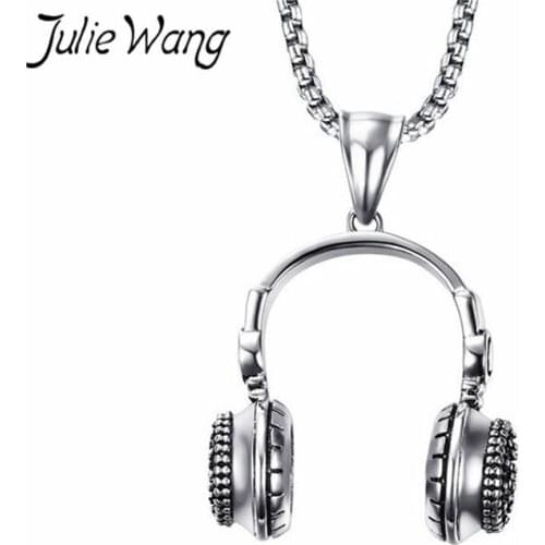 Julie Wang Music Headphone Pendant Hip Hop Rock Headset Jewelry Men Necklace Stainless Steel Necklaces Fashion Boyfriend Gifts